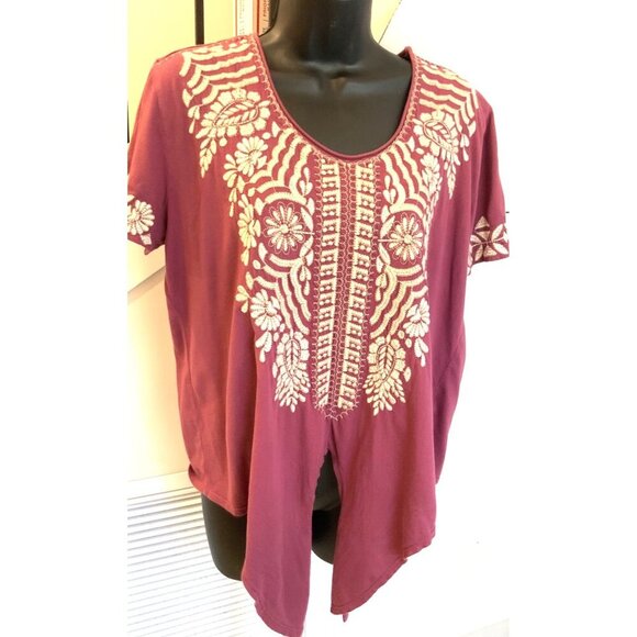 Johnny Was top tie front short sleeves wine/ embroidered  medium - Picture 1 of 5